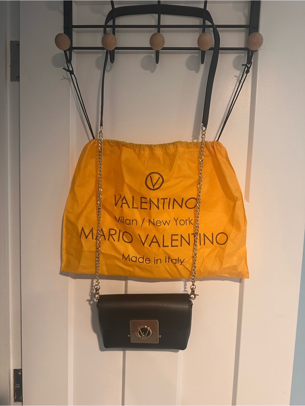 Valentino Black Leather Crossbody with Gold-Tone Chain and Logo Plate